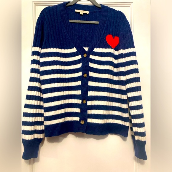 ANN TAYLOR LOFT NAVY STRIPED CARDIGAN WITH RED HEART DETAIL - Picture 1 of 3